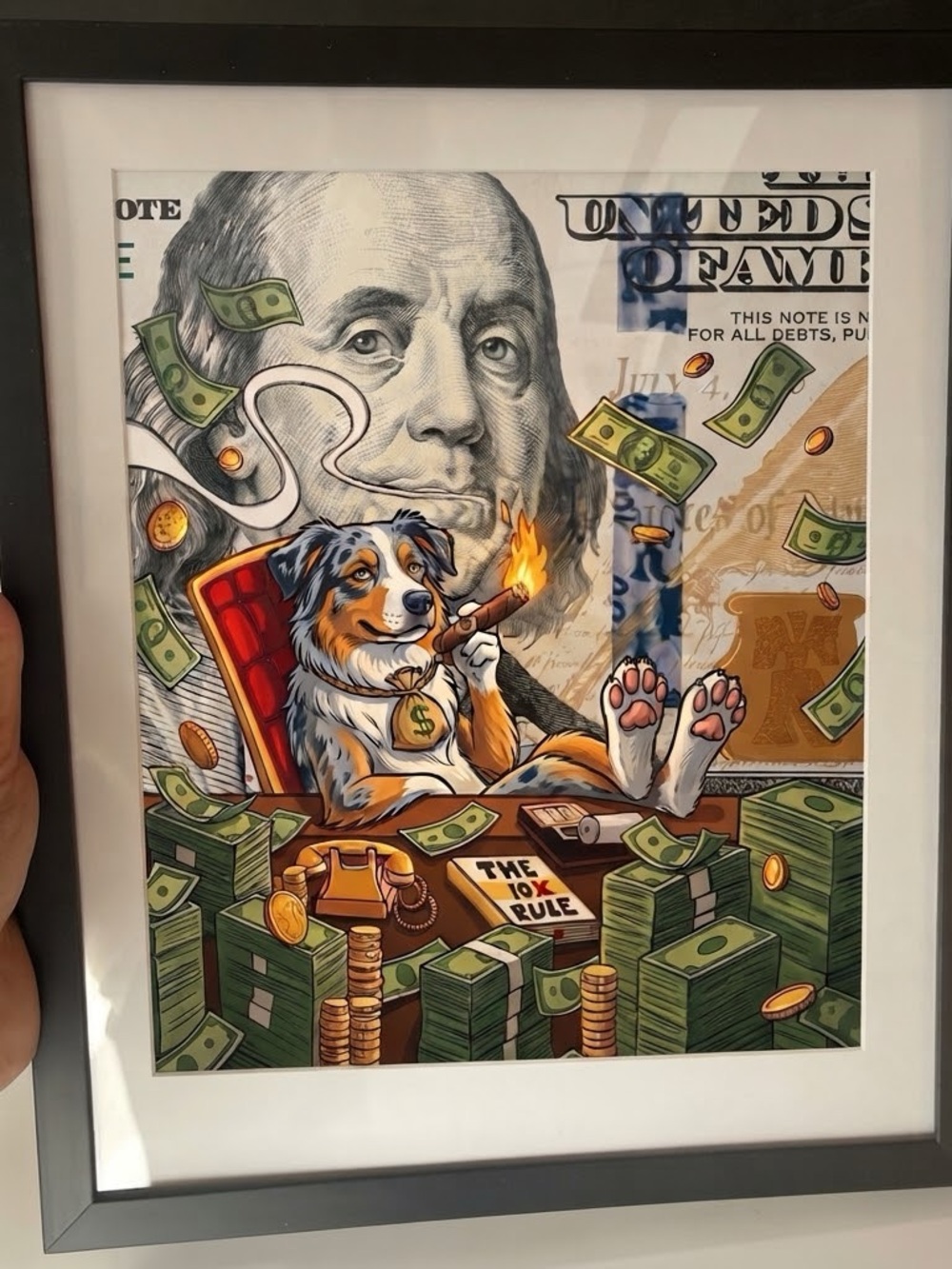 Framed “Boss Dog” Money Art Print – Australian Shepherd with Cigar & Cash (8x10)